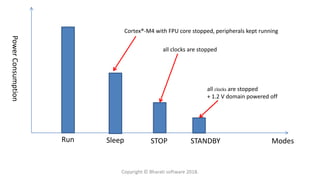 Run Sleep STOP STANDBY
PowerConsumption
Modes
Cortex®-M4 with FPU core stopped, peripherals kept running
all clocks are stopped
all clocks are stopped
+ 1.2 V domain powered off
Copyright © Bharati software 2018.
 