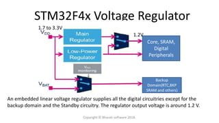 STM32F4x Voltage Regulator
Core, SRAM,
Digital
Peripherals
Backup
Domain(RTC,BKP
SRAM and others)
1.7 to 3.3V
1.2V
An embedded linear voltage regulator supplies all the digital circuitries except for the
backup domain and the Standby circuitry. The regulator output voltage is around 1.2 V.
Copyright © Bharati software 2018.
 