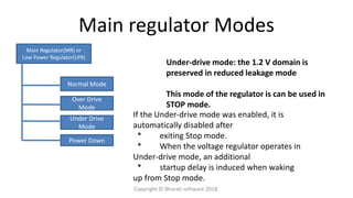 Main regulator Modes
Main Regulator(MR) or
Low Power Regulator(LPR)
Normal Mode
Over Drive
Mode
Under Drive
Mode
Power Down
Under-drive mode: the 1.2 V domain is
preserved in reduced leakage mode
This mode of the regulator is can be used in
STOP mode.
If the Under-drive mode was enabled, it is
automatically disabled after
* exiting Stop mode.
* When the voltage regulator operates in
Under-drive mode, an additional
* startup delay is induced when waking
up from Stop mode.
Copyright © Bharati software 2018.
 