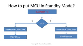 How to put MCU in Standby Mode?
SLEEPDEEP = 1
PDDS
SLEEPONEXIT/WFI/WFE SLEEPONEXIT/WFI/WFE
0 1
STOP Mode Standby Mode
Copyright © Bharati software 2018.
 
