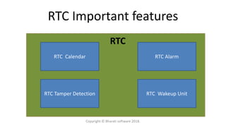 RTC Important features
RTC Calendar RTC Alarm
RTC Tamper Detection RTC Wakeup Unit
RTC
Copyright © Bharati software 2018.
 