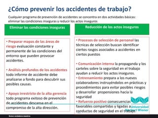 11
¿Cómo prevenir los accidentes de trabajo?
Cualquier programa de prevención de accidentes se concentra en dos actividades básicas:
eliminar las condiciones inseguras y reducir los actos inseguros
Eliminar las condiciones inseguras
• Preparar mapas de las áreas de
riesgo evaluación constante y
permanente de las condiciones del
entorno que pueden provocar
accidentes.
• Análisis profundos de los accidentes
todo informe de accidente debe
analizarse a fondo para descubrir sus
posibles causas.
• Apoyo irrestricto de la alta gerencia
todo programa exitoso de prevención
de accidentes descansa en el
compromiso de la alta dirección.
Reducción de los actos inseguros
• Procesos de selección de personal las
técnicas de selección buscan identificar
ciertos rasgos asociados a accidentes en
ciertos puestos
• Comunicación interna la propaganda y los
carteles sobre la seguridad en el trabajo
ayudan a reducir los actos inseguros.
• Entrenamiento prepara a los nuevos
colaboradores instruyéndolos en prácticas y
procedimientos para evitar posibles riesgos
y desarrollar propensiones hacia la
seguridad
• Refuerzo positivo consecuencias
favorables compartidas y ligadas a
conductas de seguridad en el trabajo.
 