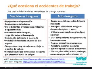 9
¿Qué ocasiona el accidentes de trabajo?
Las causas básicas de los accidentes de trabajo son dos:
Condiciones inseguras
• Equipamiento sin protección
• Equipamiento defectuoso
• Procedimientos arriesgados en máquinas
o equipamientos
• Almacenamiento inseguro,
congestionado o sobrecargado
• Iluminación deficiente o incorrecta
• Ventilación incorrecta a fuente de aire
impuro
• Temperatura muy elevada o muy baja en
el centro de trabajo
• Condiciones físicas o mecánicas inseguras
que presentan zonas de peligro
Actos inseguros
• Cargar materiales pesados de forma
incorrecta
• Trabajar a velocidades inseguras,
demasiado rápidas o lentas
• Utilizar esquemas de seguridad que
no sirven
• Usar equipamiento inseguro o usarlo
incorrectamente
• No usar procedimientos seguros
• Adoptar posiciones inseguras
• Subir con prisa escaleras o desniveles
• Distraer, descuidar, brincar, arriesgar,
correr, empujar, saltar, abusar, etc.
VIDEO: Actos inseguro: https://www.youtube.com/watch?v=trqQH3dB5jc
Otros actos inseguros: https://www.youtube.com/watch?v=BgU7AFj2eGQ
 