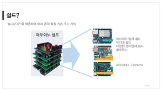 ARDUINO- Products
와이파이 탑재 쉴드
이더넷 쉴드
다양한 센서탑재 쉴드
블루투스
.
.
.
쉴드(I/O핀)을 이용하여 여러 층의 확장 기능 추가 가능
37/47
 