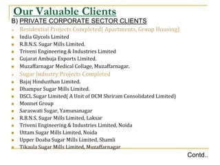 Our Valuable Clients
B) PRIVATE CORPORATE SECTOR CLIENTS
 Residential Projects Completed( Apartments, Group Housing)
   India Glycols Limited
   R.B.N.S. Sugar Mills Limited.
   Triveni Engineering & Industries Limited
   Gujarat Ambuja Exports Limited.
   Muzaffarnagar Medical Collage, Muzaffarnagar.
   Sugar Industry Projects Completed
   Bajaj Hindusthan Limited.
   Dhampur Sugar Mills Limited.
   DSCL Sugar Limited( A Unit of DCM Shriram Consolidated Limited)
   Monnet Group
   Saraswati Sugar, Yamunanagar
   R.B.N.S. Sugar Mills Limited, Laksar
   Triveni Engineering & Industries Limited, Noida
   Uttam Sugar Mills Limited, Noida
   Upper Doaba Sugar Mills Limited, Shamli
   Tikaula Sugar Mills Limited, Muzaffarnagar
                                                                      Contd..
 