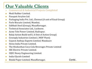 Our Valuable Clients
   Commercial & Industrial Projects Completed
   Modi Rubber Limited.
   Pasupati Acrylon Ltd.
   Packaging India Pvt. Ltd., Chennai (A unit of Essal Group)
   Parle Biscuits Limited, Mumbai.
   Sidhbali Steel (Group), Muzaffarnagar.
   Technical Associates Ltd., Lucknow.
   Acme Tele Power Limited, Rudrapur.
   Balaji Action Build well ( A Unit of Action Group)
   Greenply Industries Limited. ( MDF Plant)
   Gujarat Ambuja Exports Limited. Mandaure
   Heinz India Private Limited.
   The Hindusthan Coca-Cola Beverages Private Limited
   IKE Electric Private Limited.
   ISJEC Heavy Engineering Limited.
   India Glycols Limited
   Bindal Paper Limited, Muzaffarnagar.                         Contd..
 