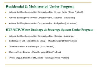 Residential & Multistoried Under Progress
   National Building Construction Corporation Ltd. –Greater Noida (Uttrar Pradesh)

   National Building Construction Corporation Ltd. - Roorkee (Uttrakhand)

   National Building Construction Corporation Ltd.- Kathgodam (Uttrakhand)


ETP/STP/Water Drainage & Sewerage System Under Progress
   National Building Construction Corporation Ltd. - Roorkee , Saharanpur

   Bindal Papers Ltd. (Unit of Bindal Group) – Muzaffarnagar (Uttar Pradesh)

   Disha Industries – Muzaffarnagar (Uttar Pradesh)

   Silverton Paper Limited – Muzaffarnagar (Uttar Pradesh)

   Triveni Engg. & Industries Ltd., Noida – Raninagal (Uttar Pradesh)
 