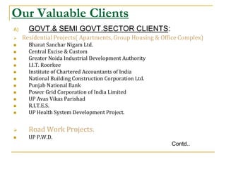 Our Valuable Clients
A)     GOVT.& SEMI GOVT.SECTOR CLIENTS:
    Residential Projects( Apartments, Group Housing & Office Complex)
      Bharat Sanchar Nigam Ltd.
      Central Excise & Custom
      Greater Noida Industrial Development Authority
      I.I.T. Roorkee
      Institute of Chartered Accountants of India
      National Building Construction Corporation Ltd.
      Punjab National Bank
      Power Grid Corporation of India Limited
      UP Avas Vikas Parishad
      R.I.T.E.S.
      UP Health System Development Project.


      Road Work Projects.
      UP P.W.D.
                                                          Contd..
 