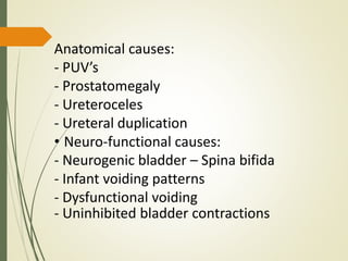 Anatomical causes:
- PUV’s
- Prostatomegaly
- Ureteroceles
- Ureteral duplication
• Neuro-functional causes:
- Neurogenic bladder – Spina bifida
- Infant voiding patterns
- Dysfunctional voiding
- Uninhibited bladder contractions
 