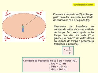 Chamamos de período (T) ao tempo gasto para dar uma volta. A unidade de período no SI é o segundo (s). Chamamos de frequência ao número de voltas dadas na unidade de tempo. Se o corpo gasta muito tempo para dar uma volta (T é grande), o número de voltas dadas na unidade de tempo é pequeno (a frequência é pequena): A unidade de frequencia no SI é 1/s = hertz (Hz). 1 kHz = 10  3  Hz   1 MHz = 10  6  Hz   1 GHz = 10  9  Hz www.fisicaatual.com.br v v v v 