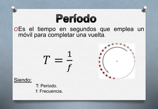 OEs el tiempo en segundos que emplea un
móvil para completar una vuelta.
𝑇 =
1
𝑓
Siendo:
T: Período.
f: Frecuencia.