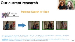Our current research
Instance Search in Video
100
V. - T. Nguyen, -Dinh-Le, D., Salvador, A., -Zhu, C., Nguyen, D. - L., Tran, M. - T., Duc, T. Ngo, Duong, D. Anh, Satoh, S. 'ichi, and Giró-i-Nieto, X., “NII-HITACHI-
UIT at TRECVID 2015 Instance Search”, in TRECVID 2015 Workshop, Gaithersburg, MD, USA, 2015.
K. McGuinness, Mohedano, E., Salvador, A., Zhang, Z. X., Marsden, M., Wang, P., Jargalsaikhan, I., Antony, J., Giró-i-Nieto, X., Satoh, S. 'ichi, O'Connor, N., and
Smeaton, A. F., “Insight DCU at TRECVID 2015”, in TRECVID 2015 Workshop, Gaithersburg, MD, USA, 2015.
...
 