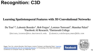 19
Recognition: C3D
Figure: Tran, Du, Lubomir Bourdev, Rob Fergus, Lorenzo Torresani, and Manohar Paluri. "Learning
spatiotemporal features with 3D convolutional networks." In Proceedings of the IEEE International
Conference on Computer Vision, pp. 4489-4497. 2015
 