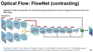 Optical Flow: FlowNet (contracting)
Dosovitskiy, A., Fischer, P., Ilg, E., Hausser, P., Hazirbas, C., Golkov, V., van der Smagt, P., Cremers, D. and Brox, T., 2015. FlowNet: Learning
Optical Flow With Convolutional Networks. In Proceedings of the IEEE International Conference on Computer Vision (pp. 2758-2766). 60
Option B: Create two separate, yet identical processing streams for the two images and combine them at a
later stage.
 