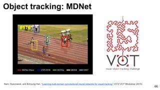 Object tracking: MDNet
66
Nam, Hyeonseob, and Bohyung Han. "Learning multi-domain convolutional neural networks for visual tracking." ICCV VOT Workshop (2015)
 