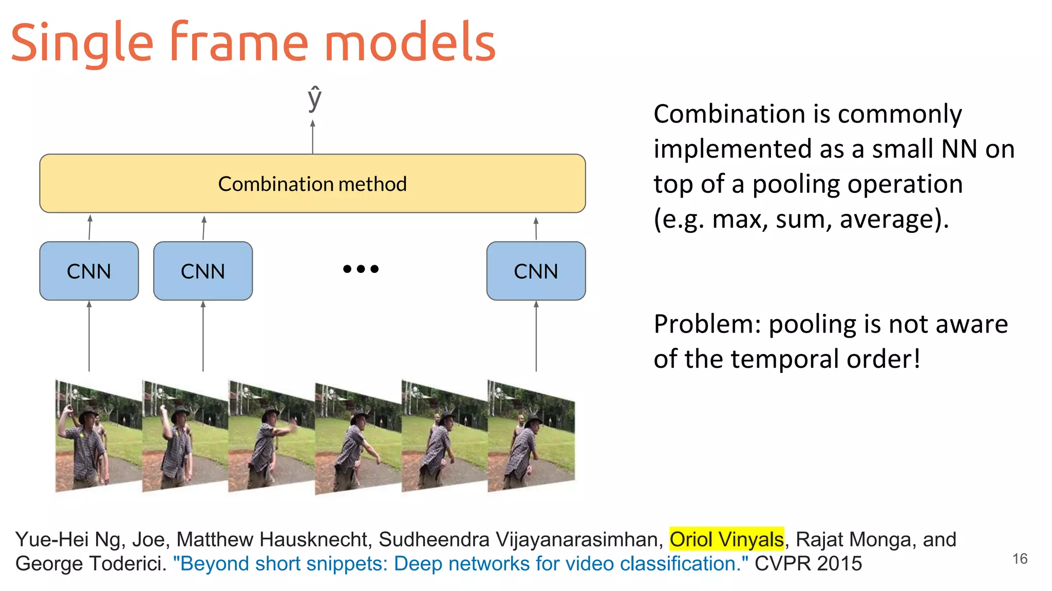 Single frame models
16
CNN CNN CNN...
Combination method
Combination is commonly
implemented as a small NN on
top of a pooling operation
(e.g. max, sum, average).
Problem: pooling is not aware
of the temporal order!
Yue-Hei Ng, Joe, Matthew Hausknecht, Sudheendra Vijayanarasimhan, Oriol Vinyals, Rajat Monga, and
George Toderici. "Beyond short snippets: Deep networks for video classification." CVPR 2015
ŷ
 