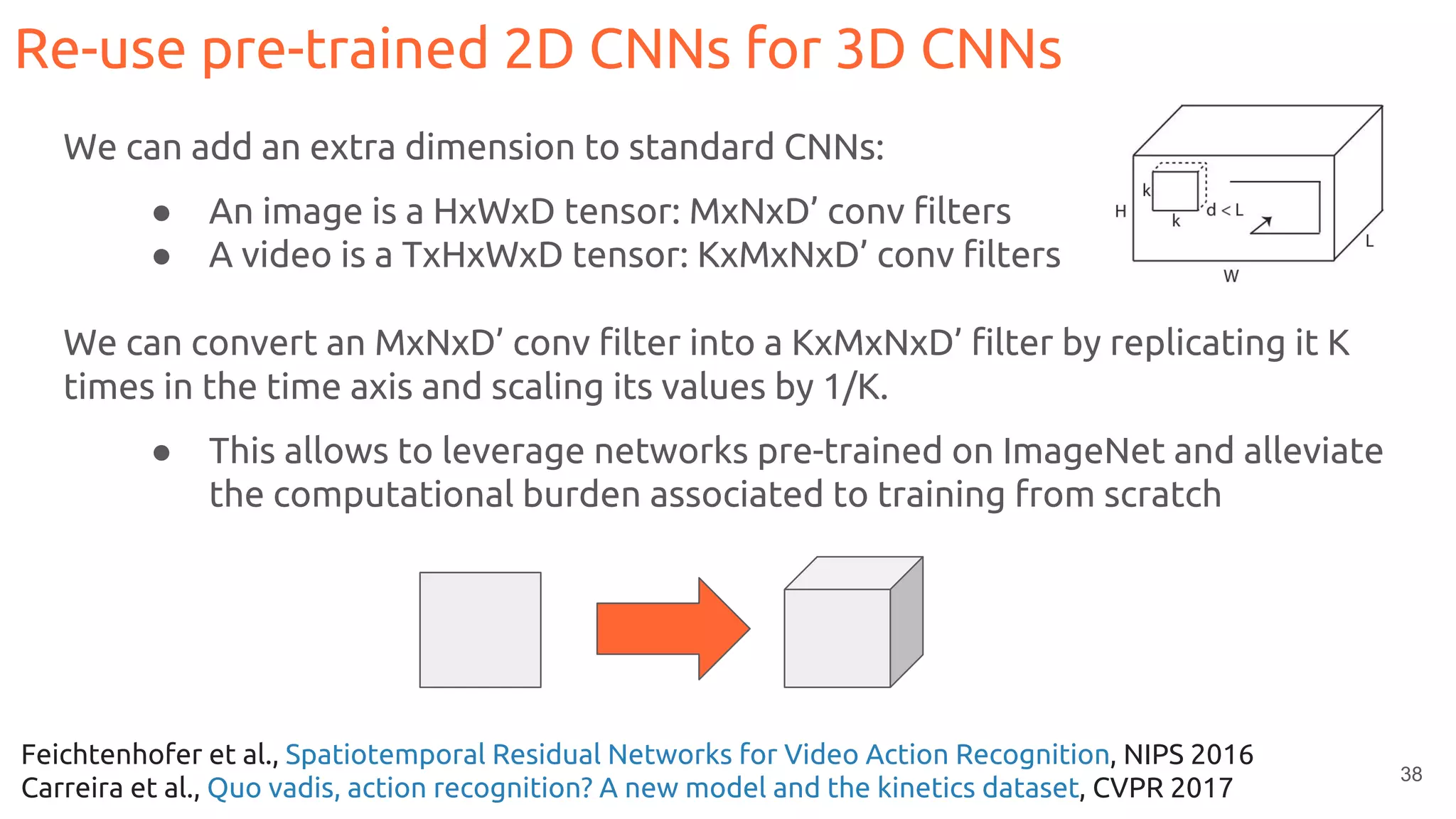 38
Re-use pre-trained 2D CNNs for 3D CNNs
We can add an extra dimension to standard CNNs:
● An image is a HxWxD tensor: MxNxD’ conv filters
● A video is a TxHxWxD tensor: KxMxNxD’ conv filters
We can convert an MxNxD’ conv filter into a KxMxNxD’ filter by replicating it K
times in the time axis and scaling its values by 1/K.
● This allows to leverage networks pre-trained on ImageNet and alleviate
the computational burden associated to training from scratch
Feichtenhofer et al., Spatiotemporal Residual Networks for Video Action Recognition, NIPS 2016
Carreira et al., Quo vadis, action recognition? A new model and the kinetics dataset, CVPR 2017
 