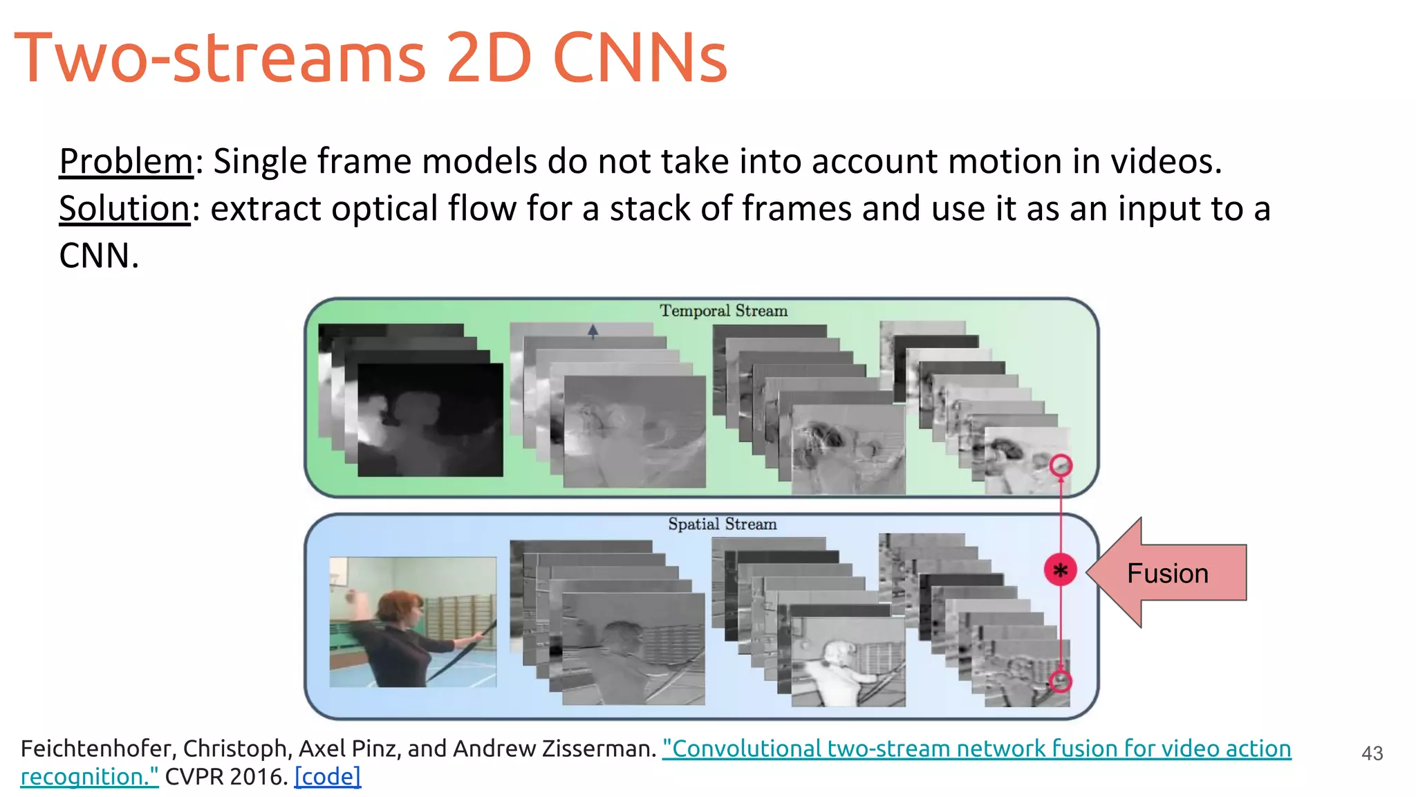 Two-streams 2D CNNs
43Feichtenhofer, Christoph, Axel Pinz, and Andrew Zisserman. "Convolutional two-stream network fusion for video action
recognition." CVPR 2016. [code]
Fusion
Problem: Single frame models do not take into account motion in videos.
Solution: extract optical flow for a stack of frames and use it as an input to a
CNN.
 