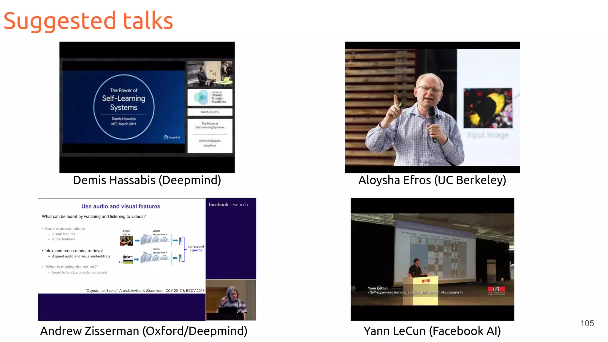 105
Suggested talks
Demis Hassabis (Deepmind) Aloysha Efros (UC Berkeley)
Andrew Zisserman (Oxford/Deepmind) Yann LeCun (Facebook AI)
 