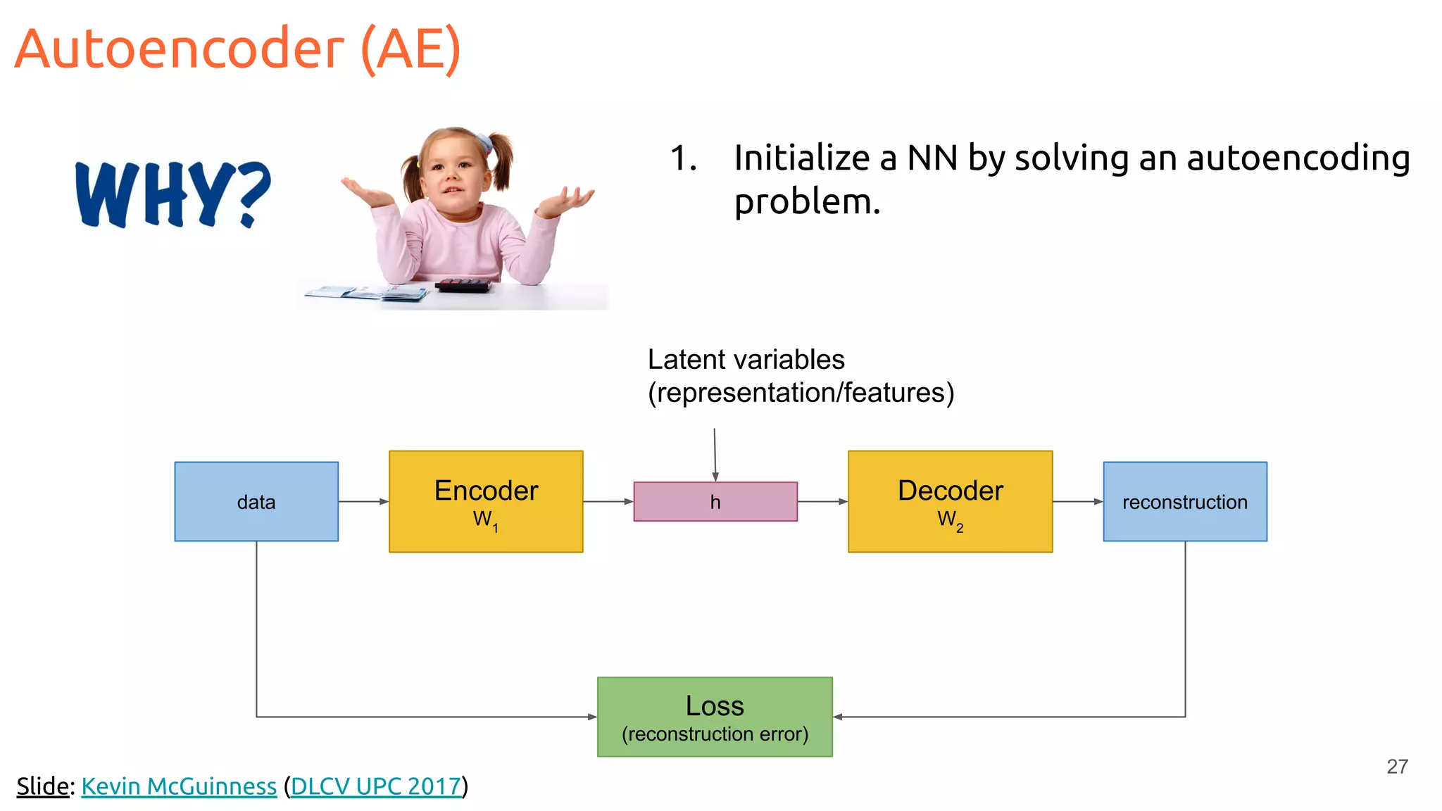 27
Autoencoder (AE)
Slide: Kevin McGuinness (DLCV UPC 2017)
Encoder
W1
Decoder
W2
hdata reconstruction
Loss
(reconstruction error)
Latent variables
(representation/features)
1. Initialize a NN by solving an autoencoding
problem.
 