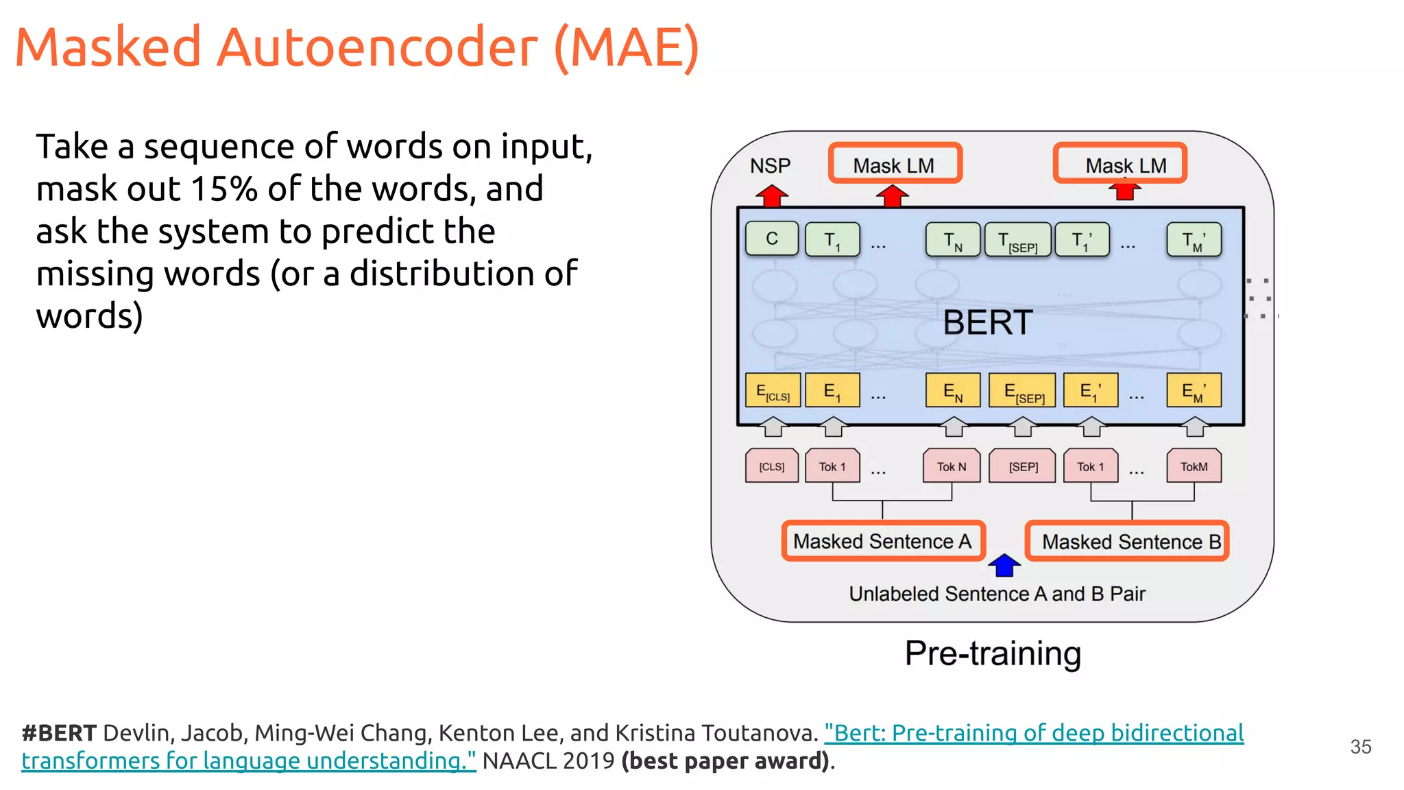 35
#BERT Devlin, Jacob, Ming-Wei Chang, Kenton Lee, and Kristina Toutanova. "Bert: Pre-training of deep bidirectional
transformers for language understanding." NAACL 2019 (best paper award).
Take a sequence of words on input,
mask out 15% of the words, and
ask the system to predict the
missing words (or a distribution of
words)
Masked Autoencoder (MAE)
 