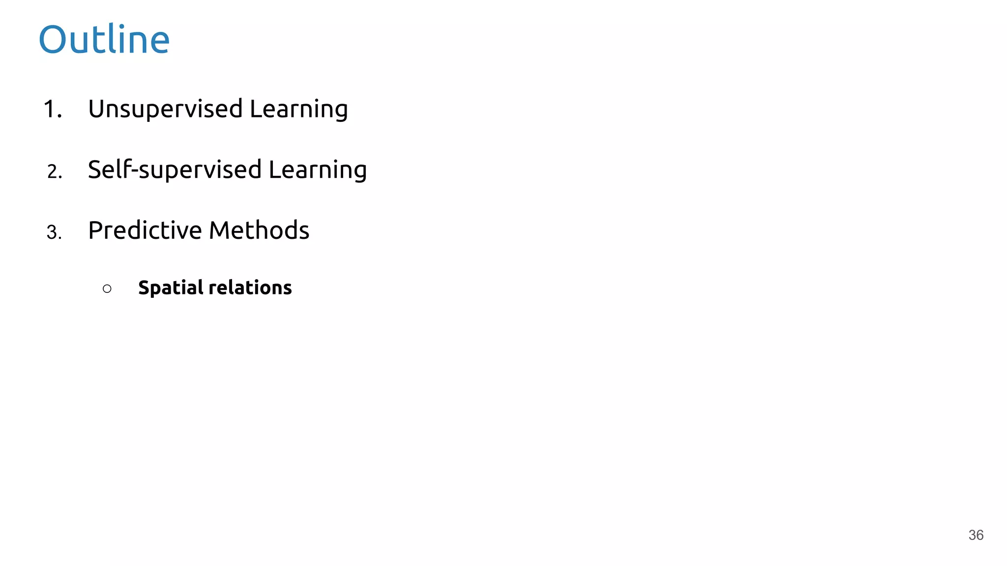 36
Outline
1. Unsupervised Learning
2. Self-supervised Learning
3. Predictive Methods
○ Spatial relations
 