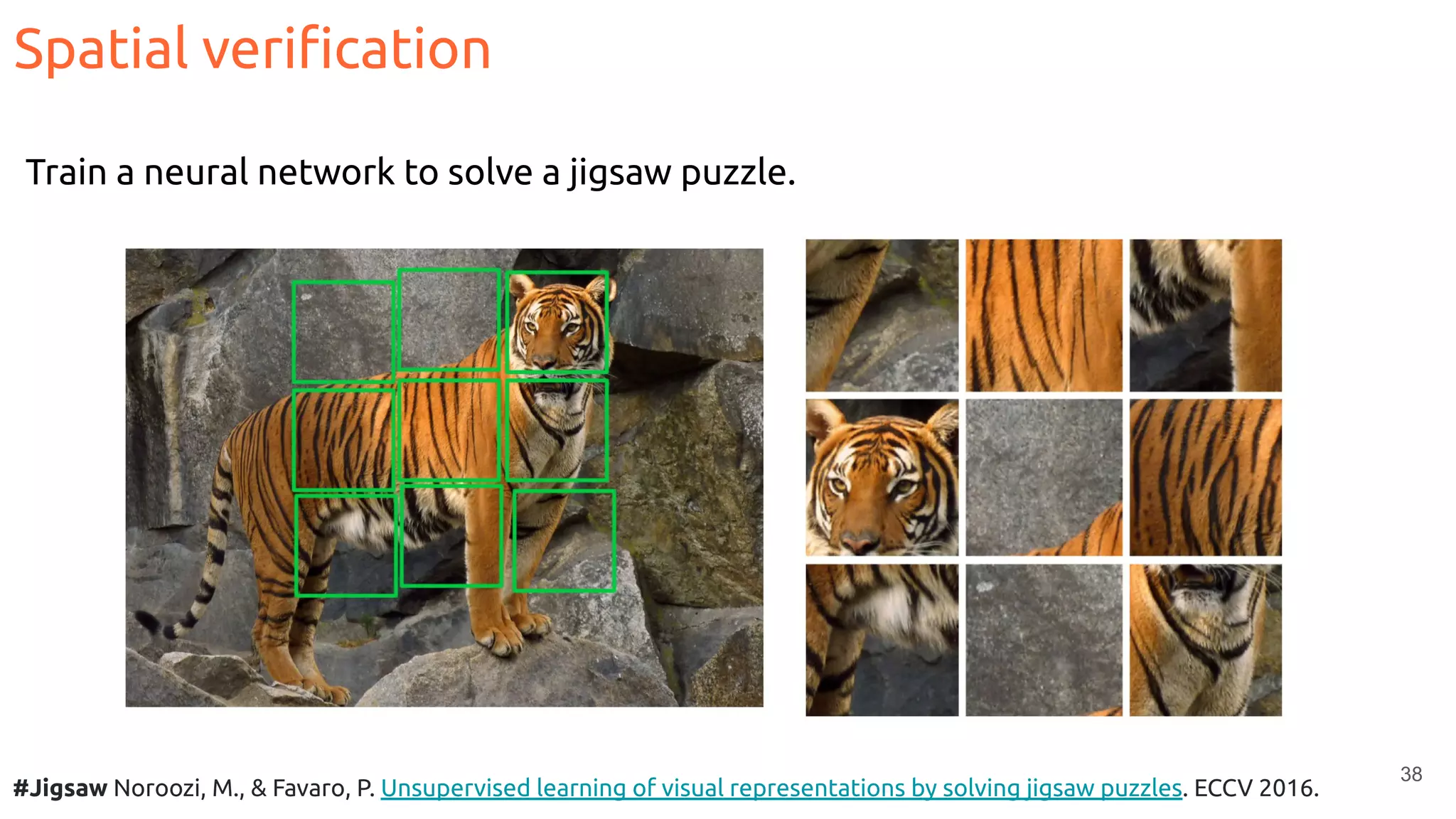 38
Spatial veriﬁcation
#Jigsaw Noroozi, M., & Favaro, P. Unsupervised learning of visual representations by solving jigsaw puzzles. ECCV 2016.
Train a neural network to solve a jigsaw puzzle.
 