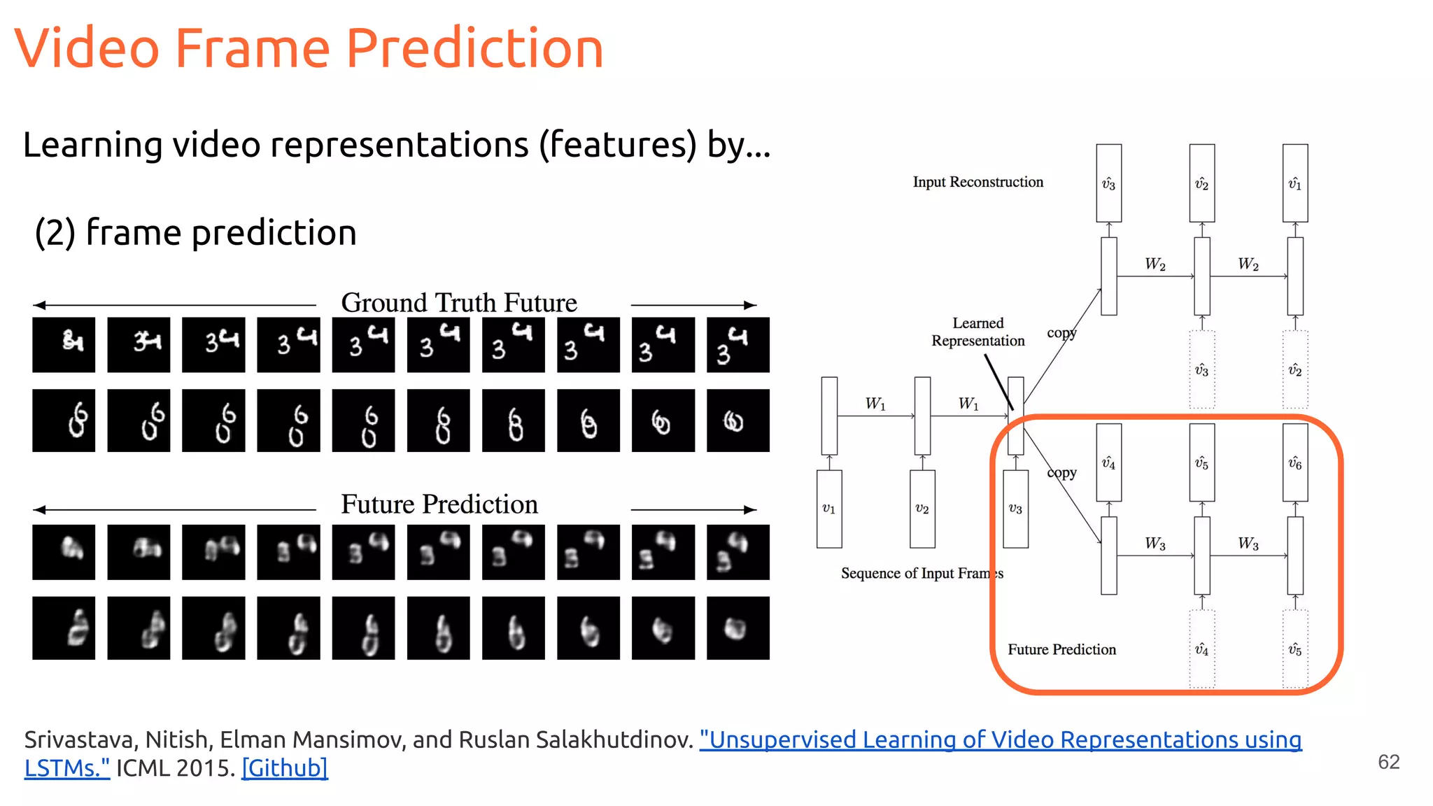 62
Srivastava, Nitish, Elman Mansimov, and Ruslan Salakhutdinov. "Unsupervised Learning of Video Representations using
LSTMs." ICML 2015. [Github]
Learning video representations (features) by...
(2) frame prediction
Video Frame Prediction
 