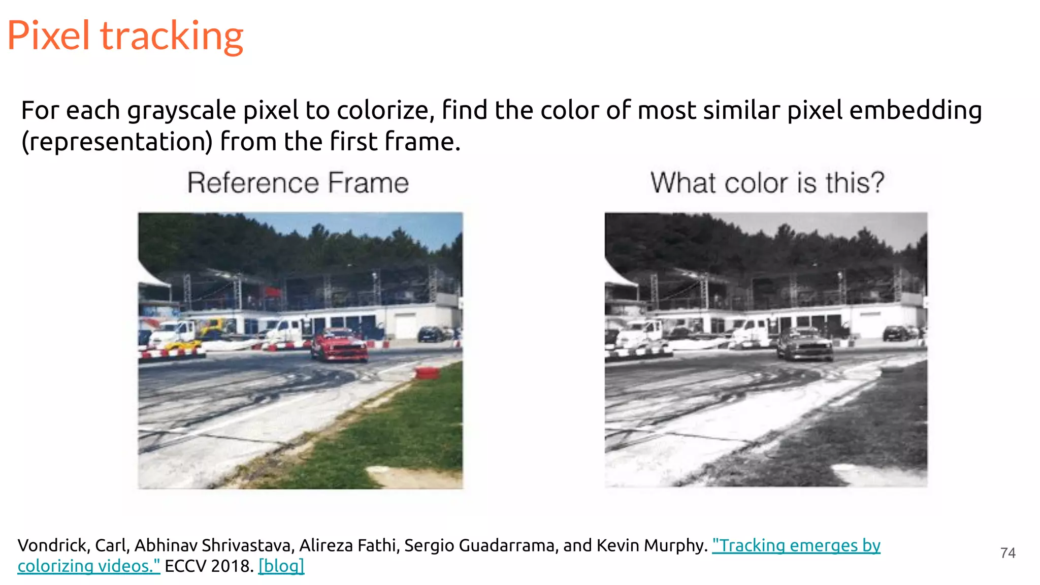 74Vondrick, Carl, Abhinav Shrivastava, Alireza Fathi, Sergio Guadarrama, and Kevin Murphy. "Tracking emerges by
colorizing videos." ECCV 2018. [blog]
For each grayscale pixel to colorize, ﬁnd the color of most similar pixel embedding
(representation) from the ﬁrst frame.
Pixel tracking
 