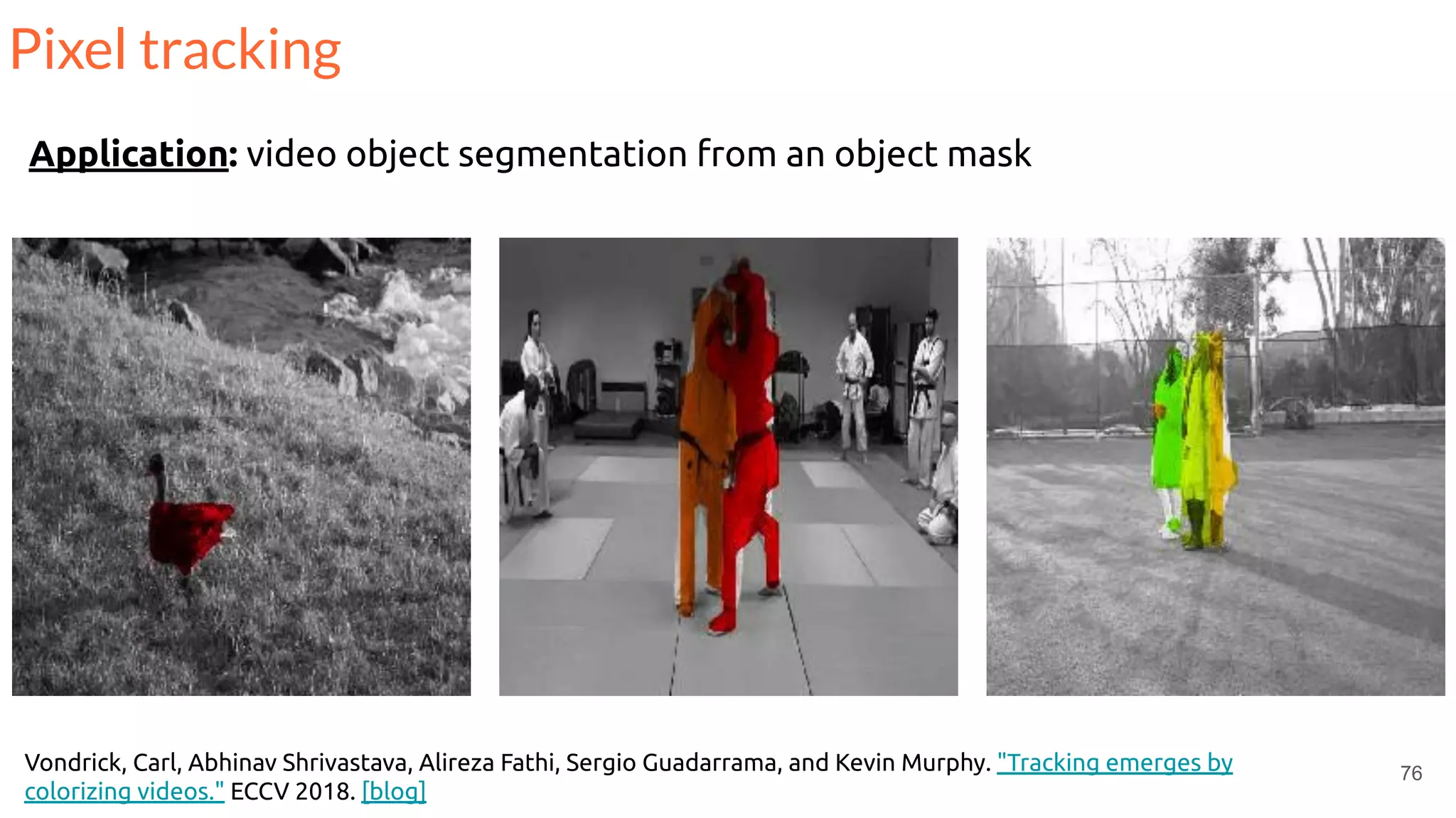 76Vondrick, Carl, Abhinav Shrivastava, Alireza Fathi, Sergio Guadarrama, and Kevin Murphy. "Tracking emerges by
colorizing videos." ECCV 2018. [blog]
Application: video object segmentation from an object mask
Pixel tracking
 