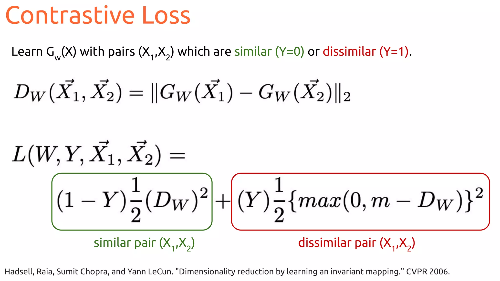 Hadsell, Raia, Sumit Chopra, and Yann LeCun. "Dimensionality reduction by learning an invariant mapping." CVPR 2006.
Learn Gw
(X) with pairs (X1
,X2
) which are similar (Y=0) or dissimilar (Y=1).
Contrastive Loss
similar pair (X1
,X2
) dissimilar pair (X1
,X2
)
 