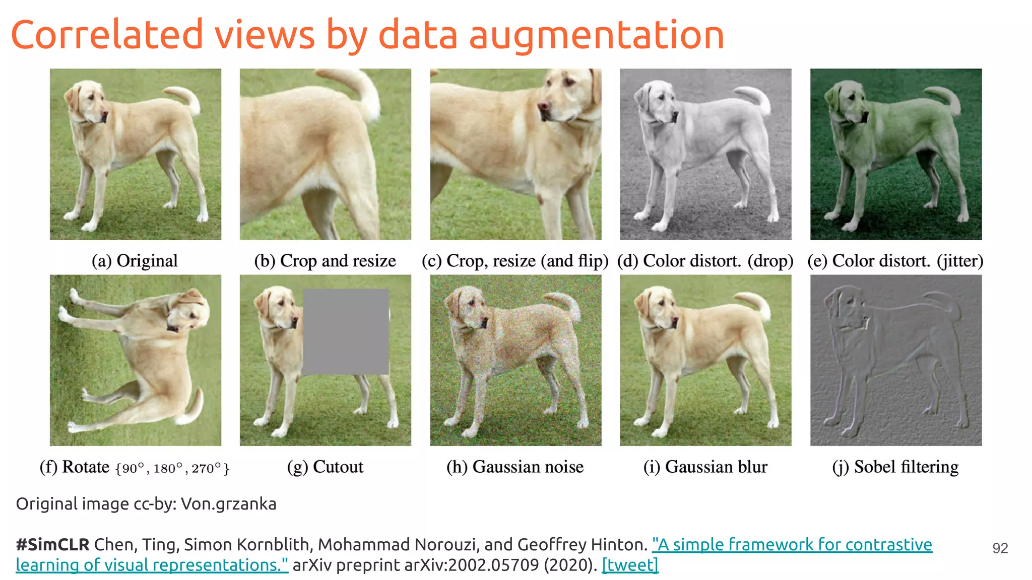 92
Correlated views by data augmentation
Original image cc-by: Von.grzanka
#SimCLR Chen, Ting, Simon Kornblith, Mohammad Norouzi, and Geoﬀrey Hinton. "A simple framework for contrastive
learning of visual representations." arXiv preprint arXiv:2002.05709 (2020). [tweet]
 