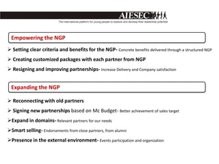 Empowering the NGP
 Setting clear criteria and benefits for the NGP- Concrete benefits delivered through a structured NGP
 Creating customized packages with each partner from NGP
 Resigning and improving partnerships- Increase Delivery and Company satisfaction


  Expanding the NGP

 Reconnecting with old partners
 Signing new partnerships based on Mc Budget- Better achievement of sales target
Expand in domains- Relevant partners for our needs
Smart selling- Endorsements from close partners, from alumni
Presence in the external environment- Events participation and organization
 