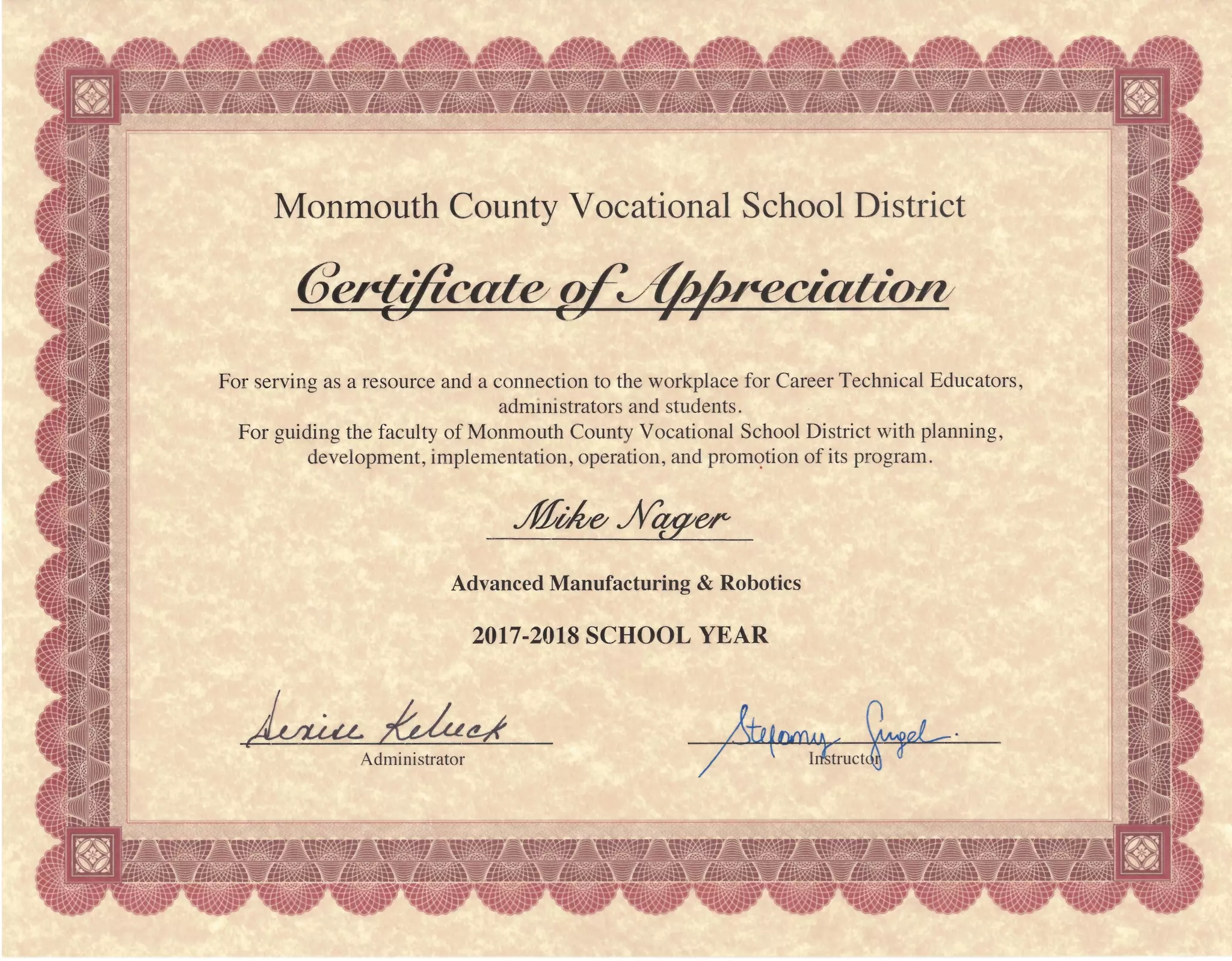 Certificate of Appreciation Monmouth County Vocational School District ...