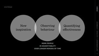 MATTCOOPER-WRIGHT••UXATSCALE••OCTOBER2017
3
Quantifying
eﬀectiveness
Observing
behaviour
New
inspiration
UX AT SCALE
MORE PEOPLE
IN HIGHER FIDELITY
OVER LONGER PERIODS OF TIME
 