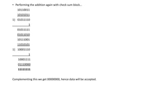 • Performing the addition again with check sum block…
10110011
10101011
1| 01011110
1
01011111
01011010
10111001
11010101
1| 10001110
1
10001111
01110000
11111111
Complementing this we get 00000000, hence data will be accepted.
 