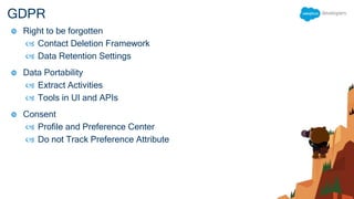 GDPR
 Right to be forgotten
 Contact Deletion Framework
 Data Retention Settings
 Data Portability
 Extract Activities
 Tools in UI and APIs
 Consent
 Profile and Preference Center
 Do not Track Preference Attribute
 