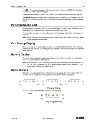 Initi™-Using the Cart                                                                                         11

                   +5 VDC—Provides auxiliary power for accessories. A maximum of 5 VDC at 3 amps is
                   available via a 5.5 x 2.5 mm DC jack.
                   Communication Port—Enables you to use a null modem cable to connect to the cart.
                   Cart Reset Button—Enables you to restart the cart by resetting it, in the event that the
                   cart is not functioning properly. Use a small tool (or straightened paper clip) to press the
                   button.

Powering Up the Cart
                   When you wish to use the cart, turn on the power switch located at the upper left of the
                   back of the cart. The cart’s LEDs will blink on and off three times.
                   To turn on the computer or make adjustments to the display, refer to the manufacturer’s
                   manual.
                   Note: Select computer solutions provide the ability to blank the screen for privacy. Refer
                         to the manufacturer’s manual.

Cart Startup Display
                   Upon powering up or resetting the cart, the cart will flash all of the LEDs three times for
                   verification that they are all working properly. The LED display will then provide the status
                   of the battery.

Battery Display
                   The cart’s battery display enables you to determine whether or not the cart is charging
                   and how much charge the battery has.
                   Note: If the battery is at 0%, the computer power and peripheral power supplies will be
                         off. You cannot move the cart up or down until the power cord is plugged in. The
                         battery alarm silence key will still work.

Battery Charging
                   When the cart is plugged into an AC outlet and is charging, the three middle LEDs will
                   flash on and off in sequence. This cycle repeats until the cart is unplugged.




            Full                        Low     Full                      Low         Full                   Low


                                                         Charging Battery
                   The Full LED will light when the battery is fully charged.
                           100%


                                              Full                              Low

                                                       Fully Charged Battery




June 2006                                        www.artromick.com
 