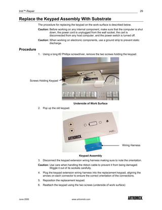 Initi™-Repair                                                                                            29


Replace the Keypad Assembly With Substrate
                  The procedure for replacing the keypad on the work surface is described below.
                  Caution: Before working on any internal component, make sure that the computer is shut
                           down, the power cord is unplugged from the wall socket, the cart is
                           disconnected from any host computer, and the power switch is turned off.
                  Caution: When working on electronic components, use a ground strip to prevent static
                           discharge.

Procedure
                  1. Using a long #2 Phillips screwdriver, remove the two screws holding the keypad.




            Screws Holding Keypad




                                               Underside of Work Surface
                  2. Pop up the old keypad.




                                                                                        Wiring Harness


                                                    Keypad Assembly
                  3. Disconnect the keypad extension wiring harness making sure to note the orientation.
                  Caution: Use care when handling the ribbon cable to prevent it from being damaged.
                           Wiggle it out of its sockets carefully.
                  4. Plug the keypad extension wiring harness into the replacement keypad, aligning the
                     arrows on each connector to ensure the correct orientation of the connections.
                  5. Reposition the replacement keypad.
                  6. Reattach the keypad using the two screws (underside of work surface)




June 2006                                     www.artromick.com
 