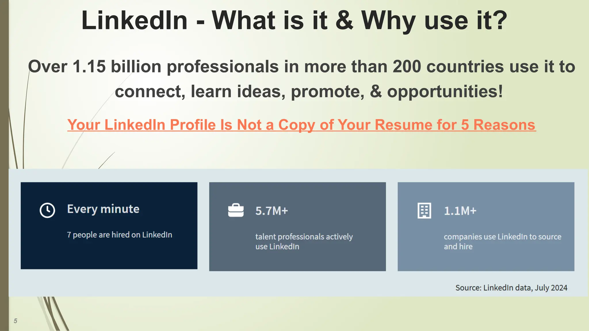 5
LinkedIn - What is it & Why use it?
Over 1.15 billion professionals in more than 200 countries use it to
connect, learn ideas, promote, & opportunities!
Your LinkedIn Profile Is Not a Copy of Your Resume for 5 Reasons
 