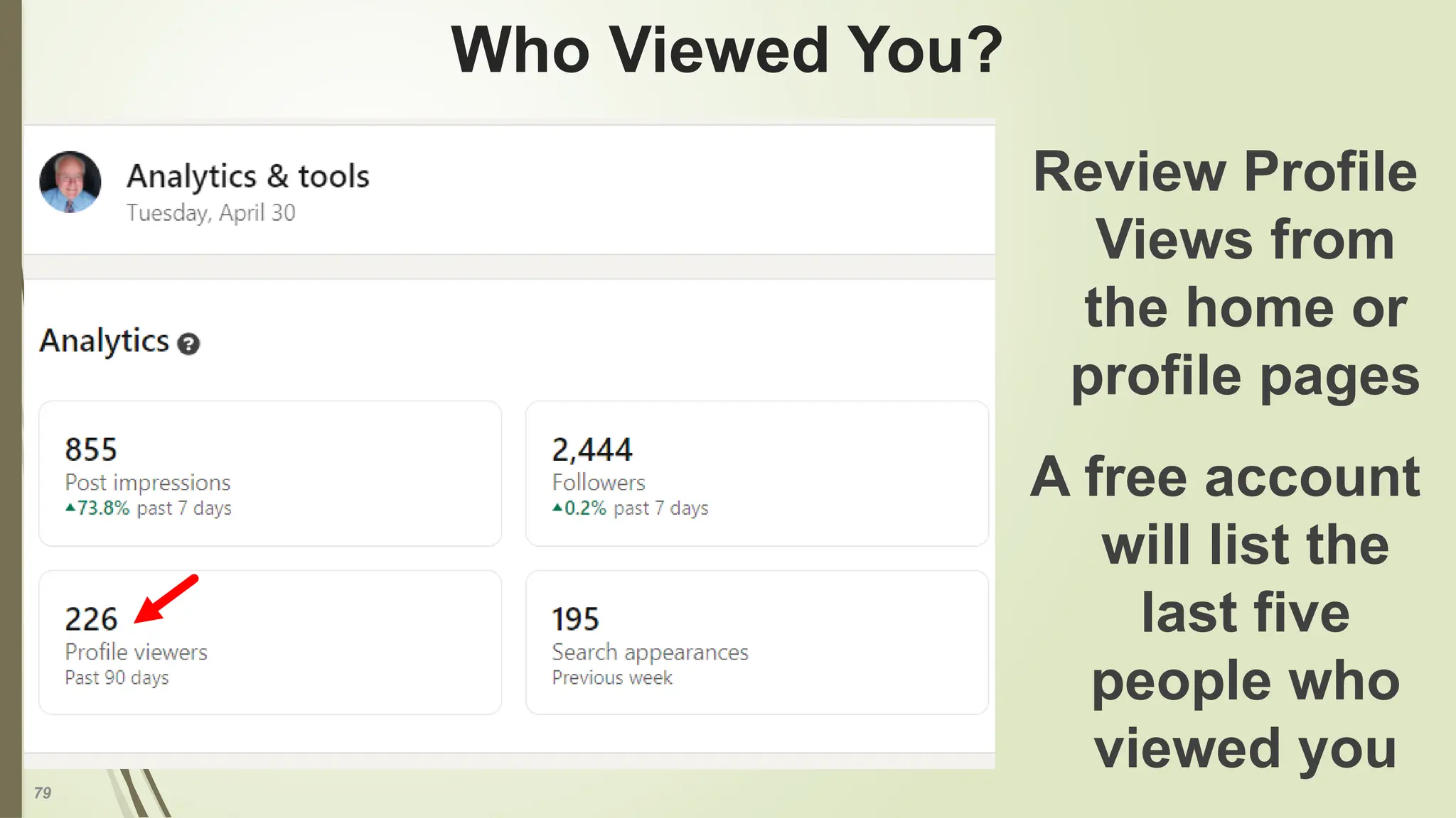 79
Who Viewed You?
Review Profile
Views from
the home or
profile pages
A free account
will list the
last five
people who
viewed you
 