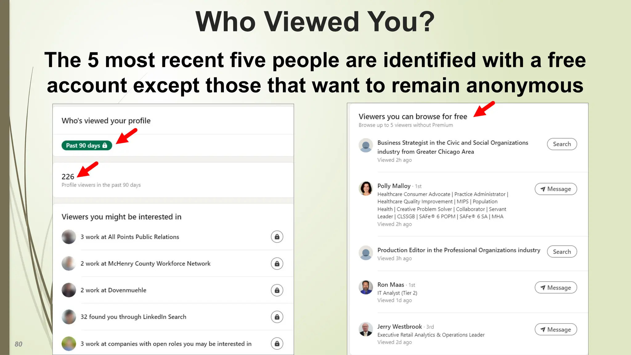 80
Who Viewed You?
The 5 most recent five people are identified with a free
account except those that want to remain anonymous
 