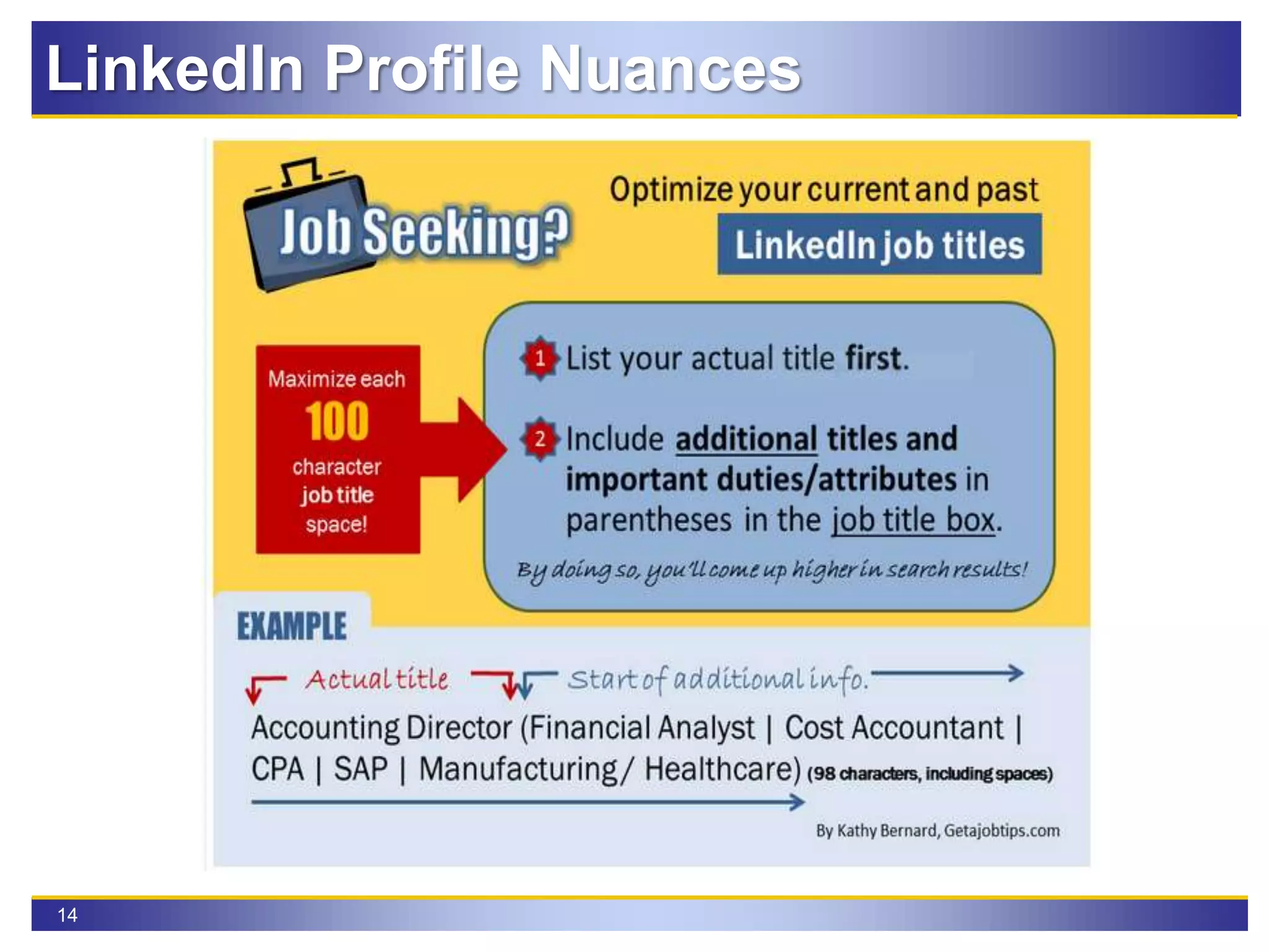 14
LinkedIn Profile Nuances
 