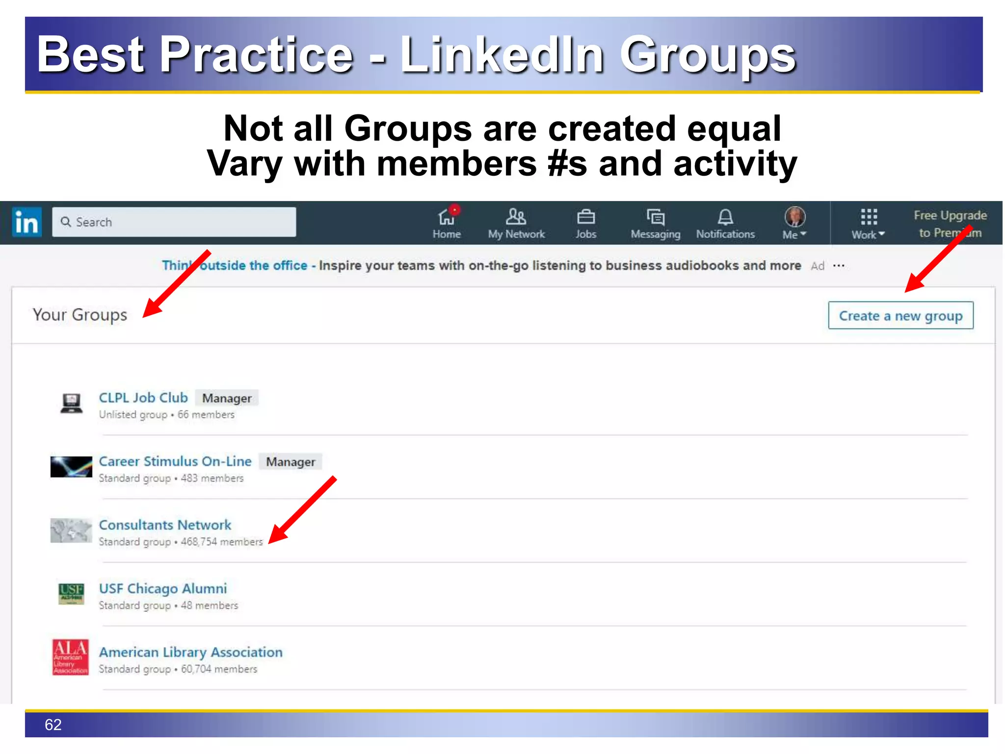 62
Best Practice - LinkedIn Groups
Not all Groups are created equal
Vary with members #s and activity
 