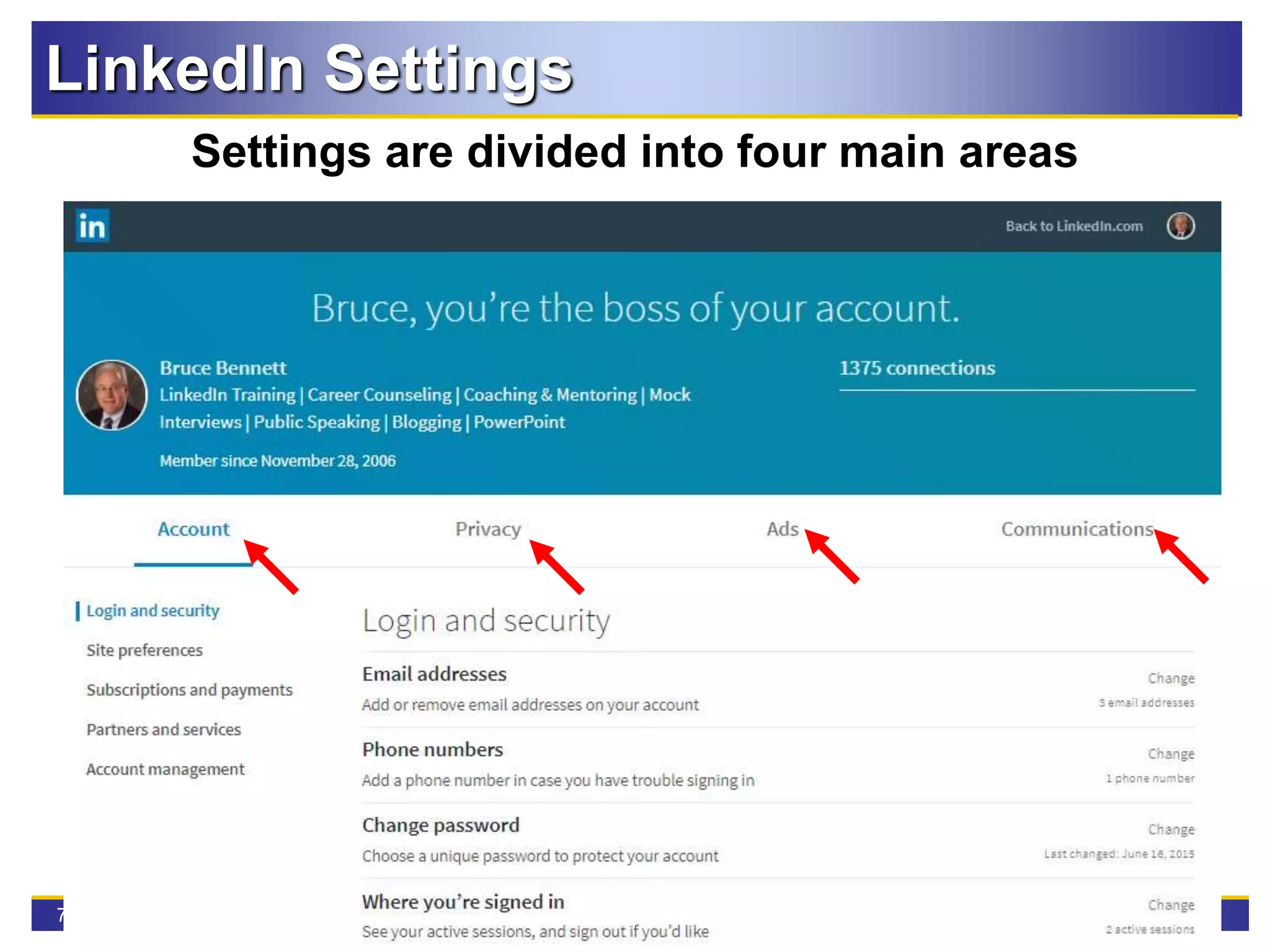75
LinkedIn Settings
Settings are divided into four main areas
 