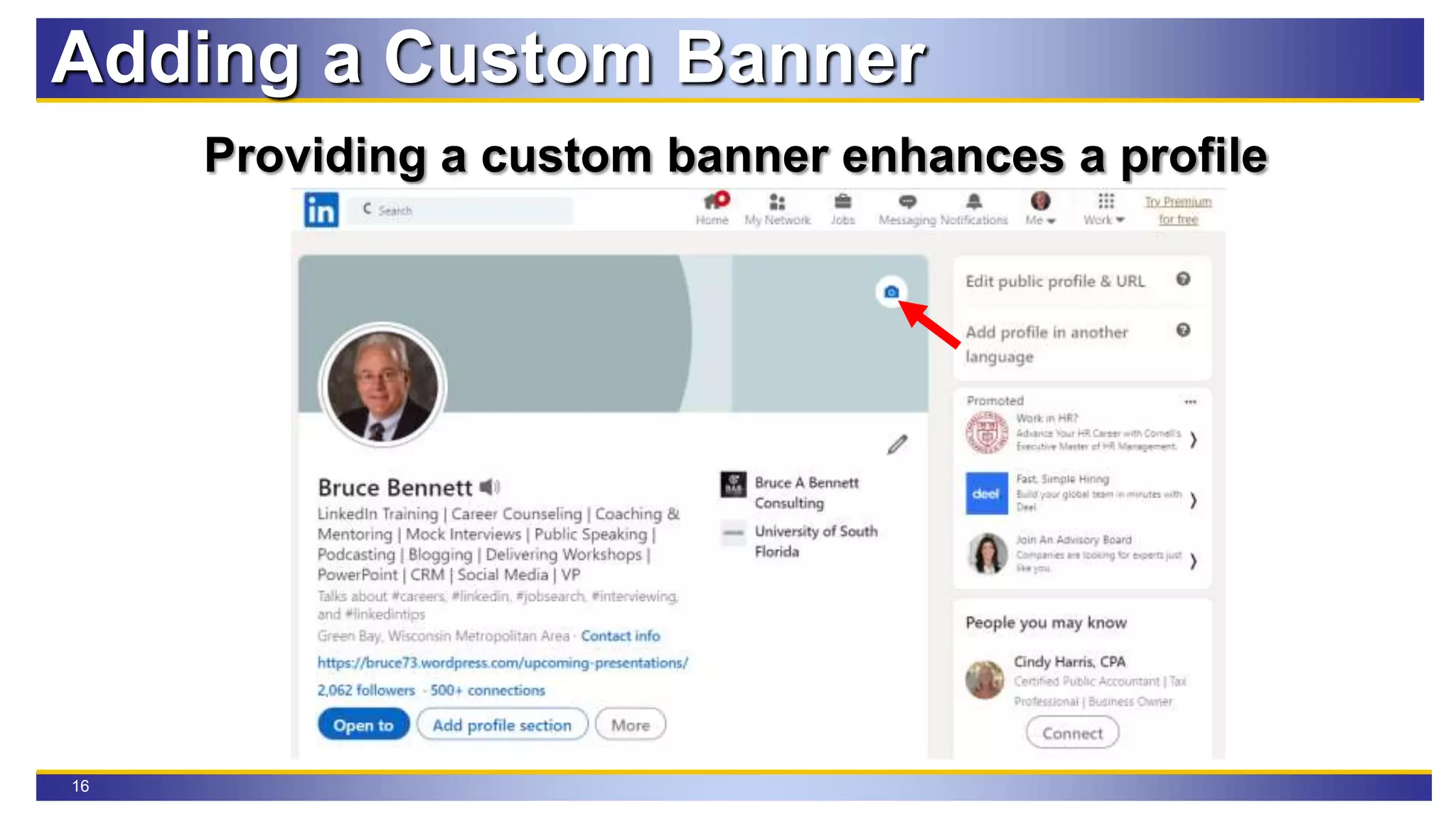 16
Adding a Custom Banner
Providing a custom banner enhances a profile
 