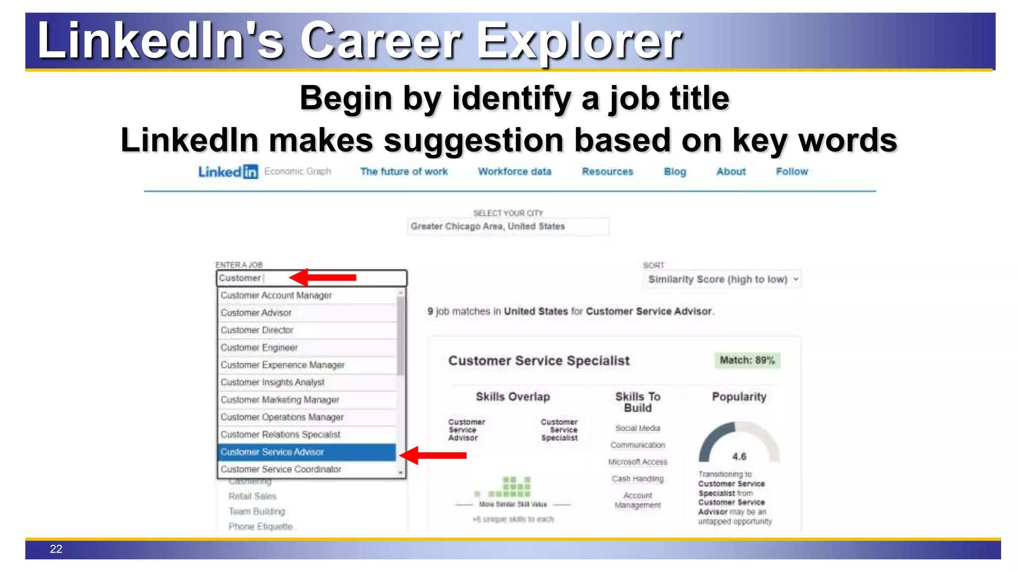 22
LinkedIn's Career Explorer
Begin by identify a job title
LinkedIn makes suggestion based on key words
 