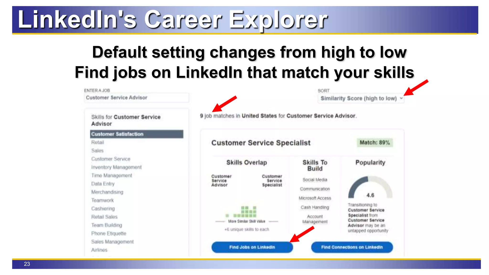 23
LinkedIn's Career Explorer
Default setting changes from high to low
Find jobs on LinkedIn that match your skills
 