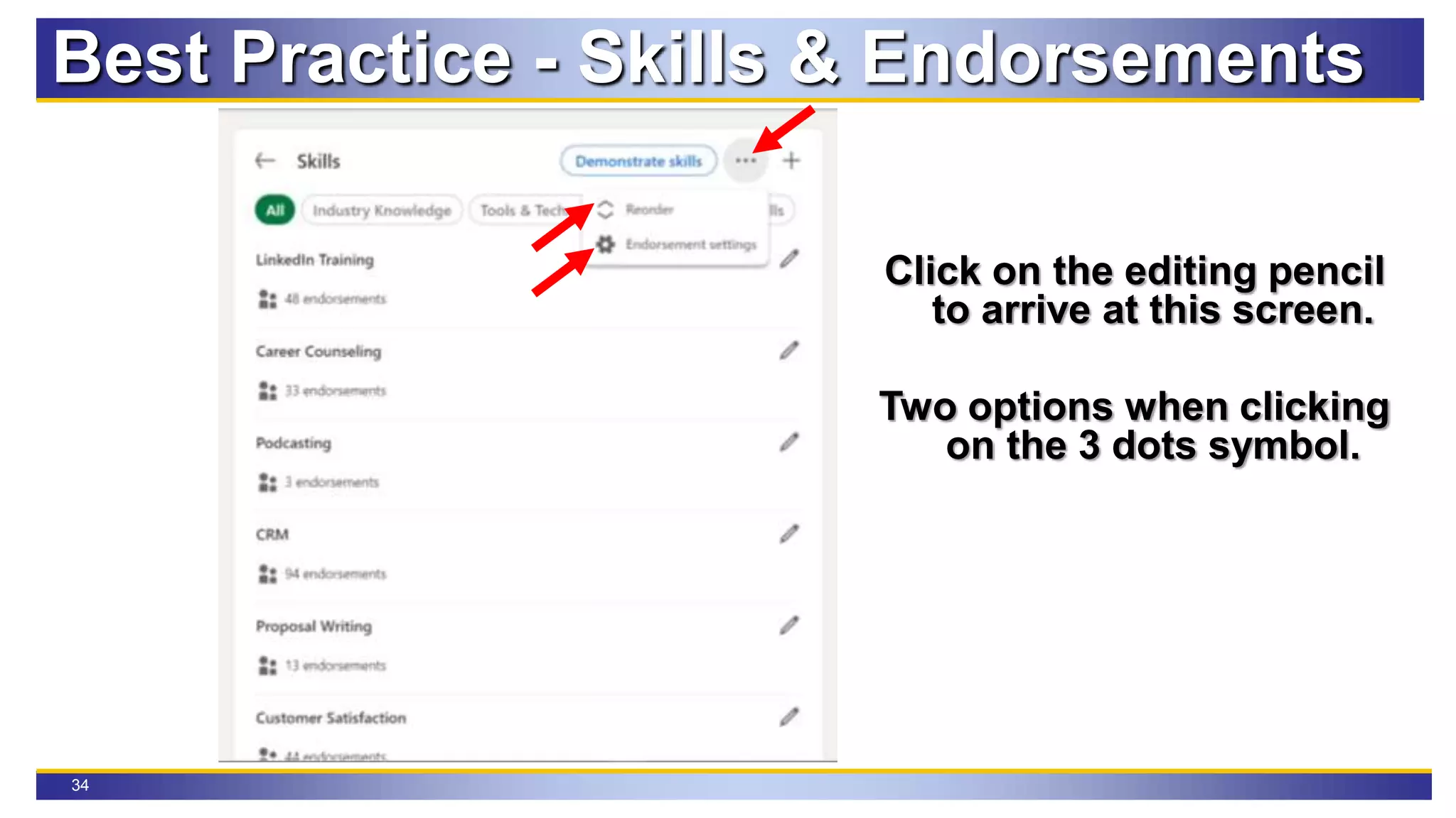 34
Best Practice - Skills & Endorsements
Click on the editing pencil
to arrive at this screen.
Two options when clicking
on the 3 dots symbol.
 