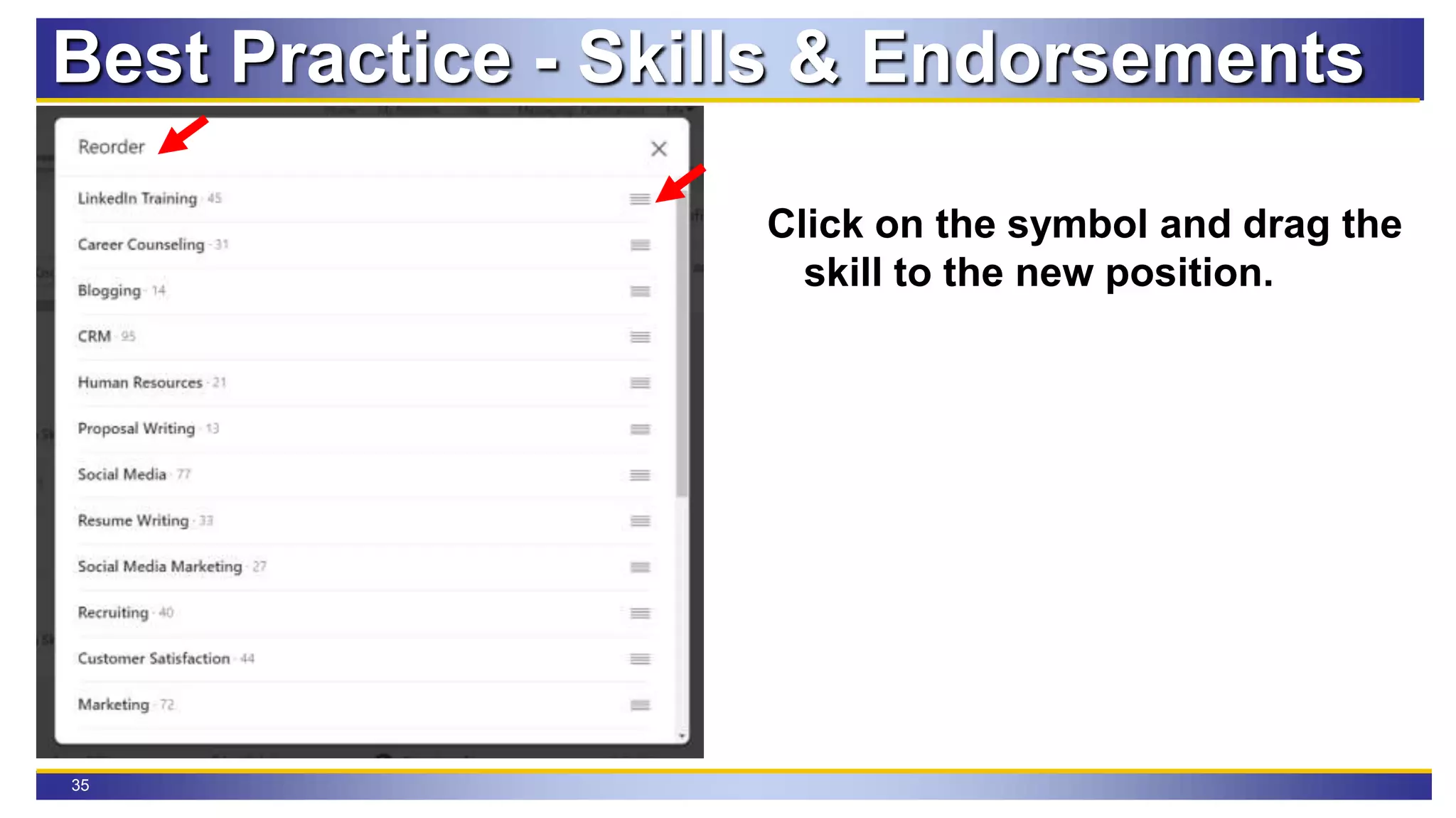 35
Best Practice - Skills & Endorsements
Click on the symbol and drag the
skill to the new position.
 